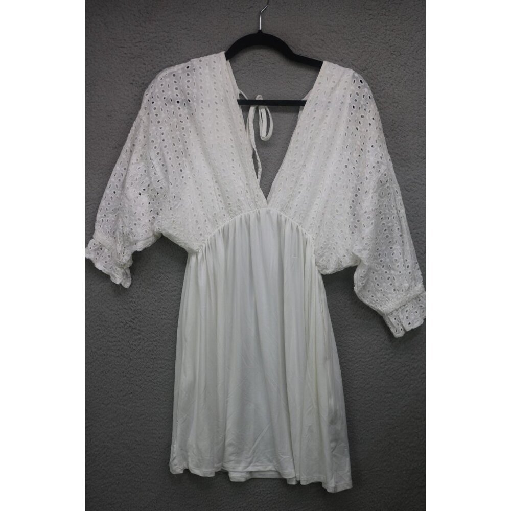 Ninexis White Eyelet Short Sleeve Babydoll Mini Dress-Medium-Pockets-Cottagecore - Picture 1 of 13